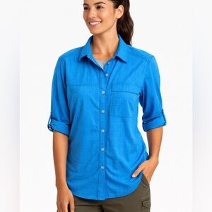 ExOfficio Womens Blue Plaid Lightweight Ventilated Button-Up Shirt Medium Sporty